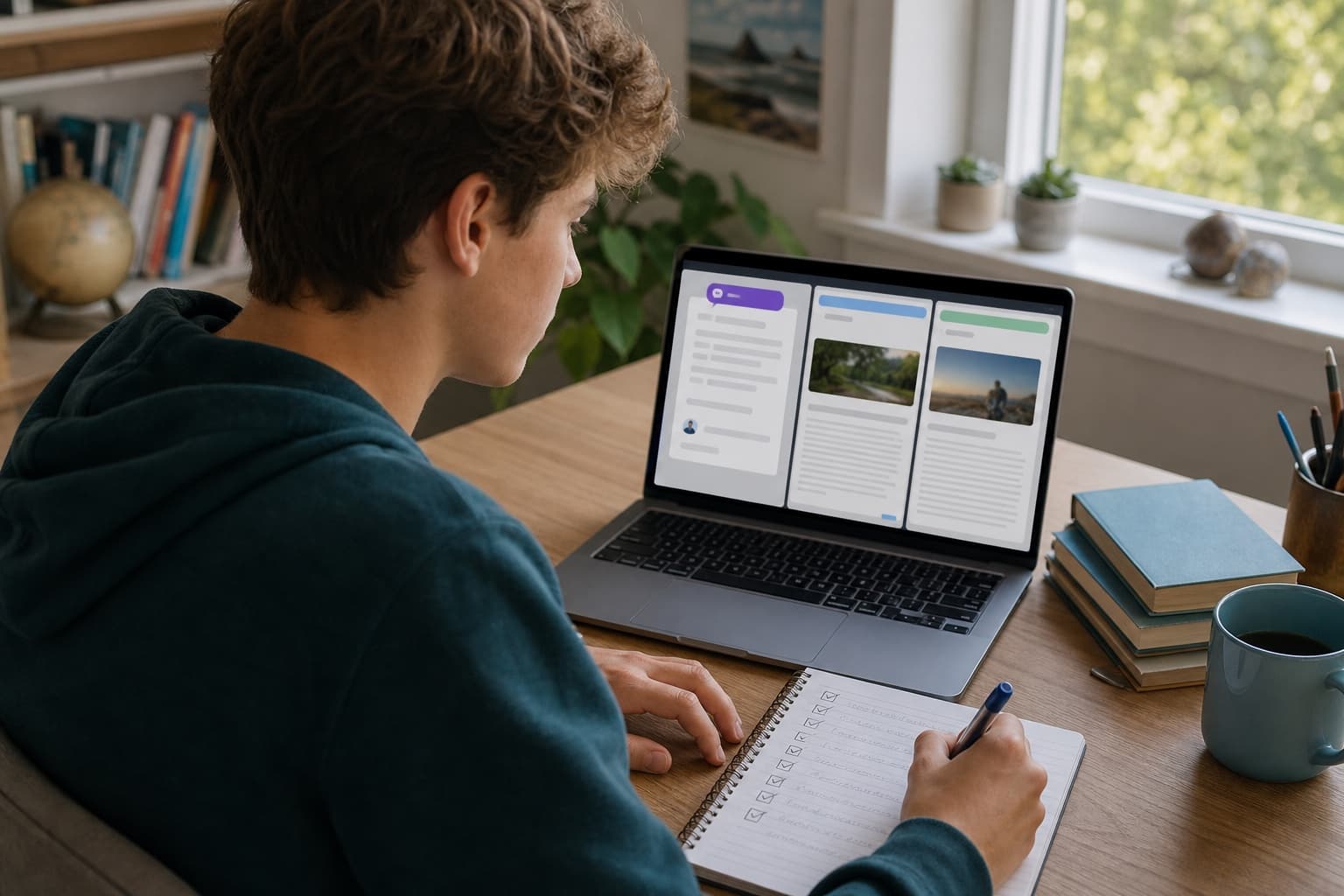 A homeschooled student taking notes while reviewing information on a laptop