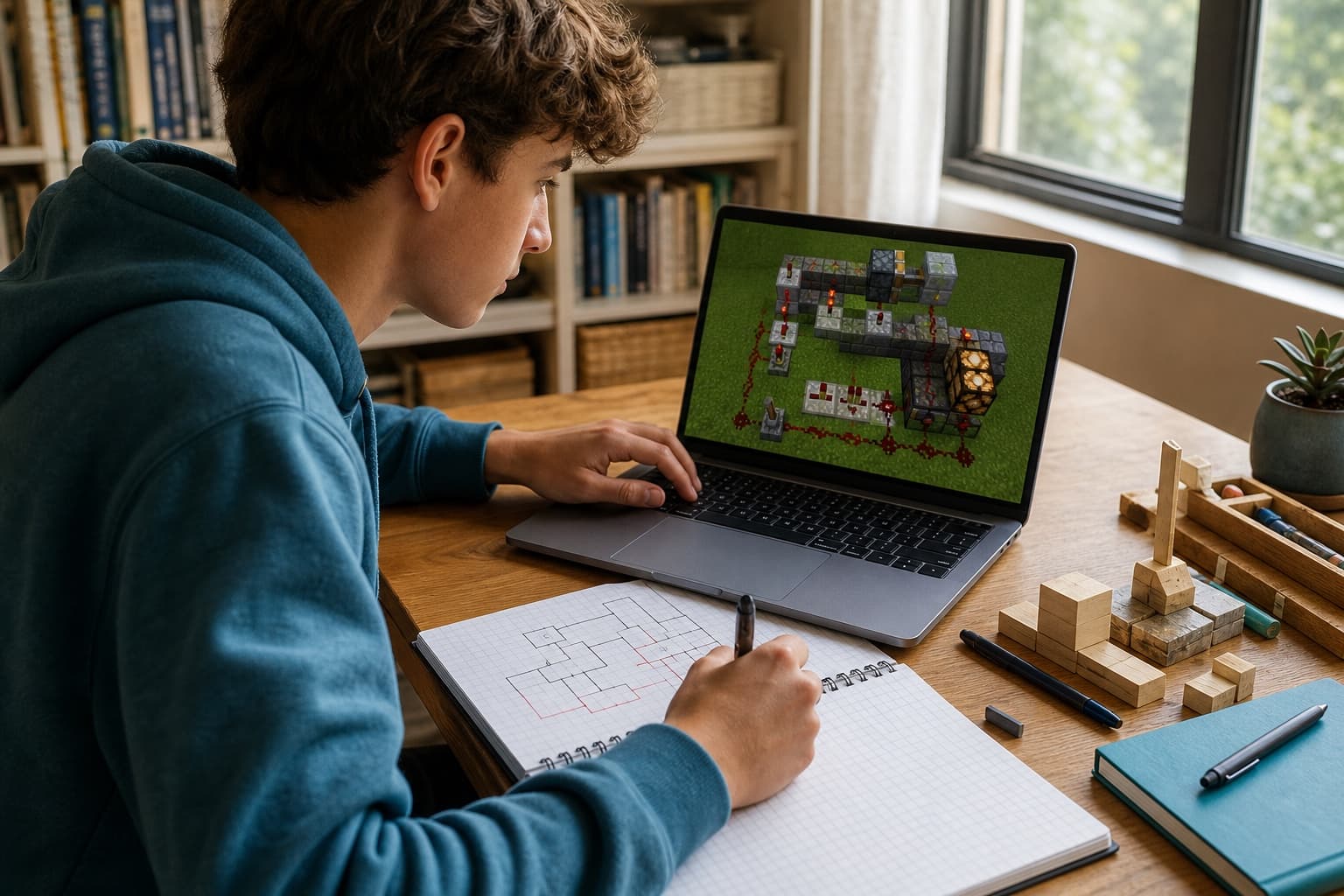 A homeschooled student testing a Minecraft redstone circuit while drawing its logic on paper