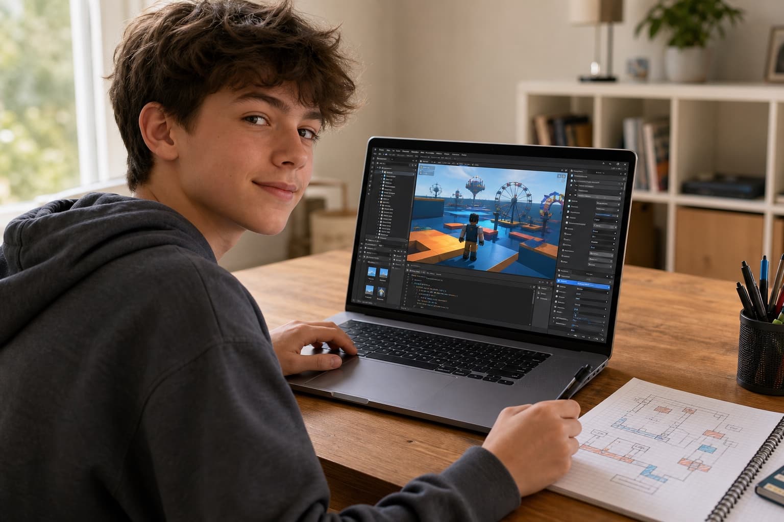 A homeschooled student designing a 3D game in an editor with a level sketch beside the laptop
