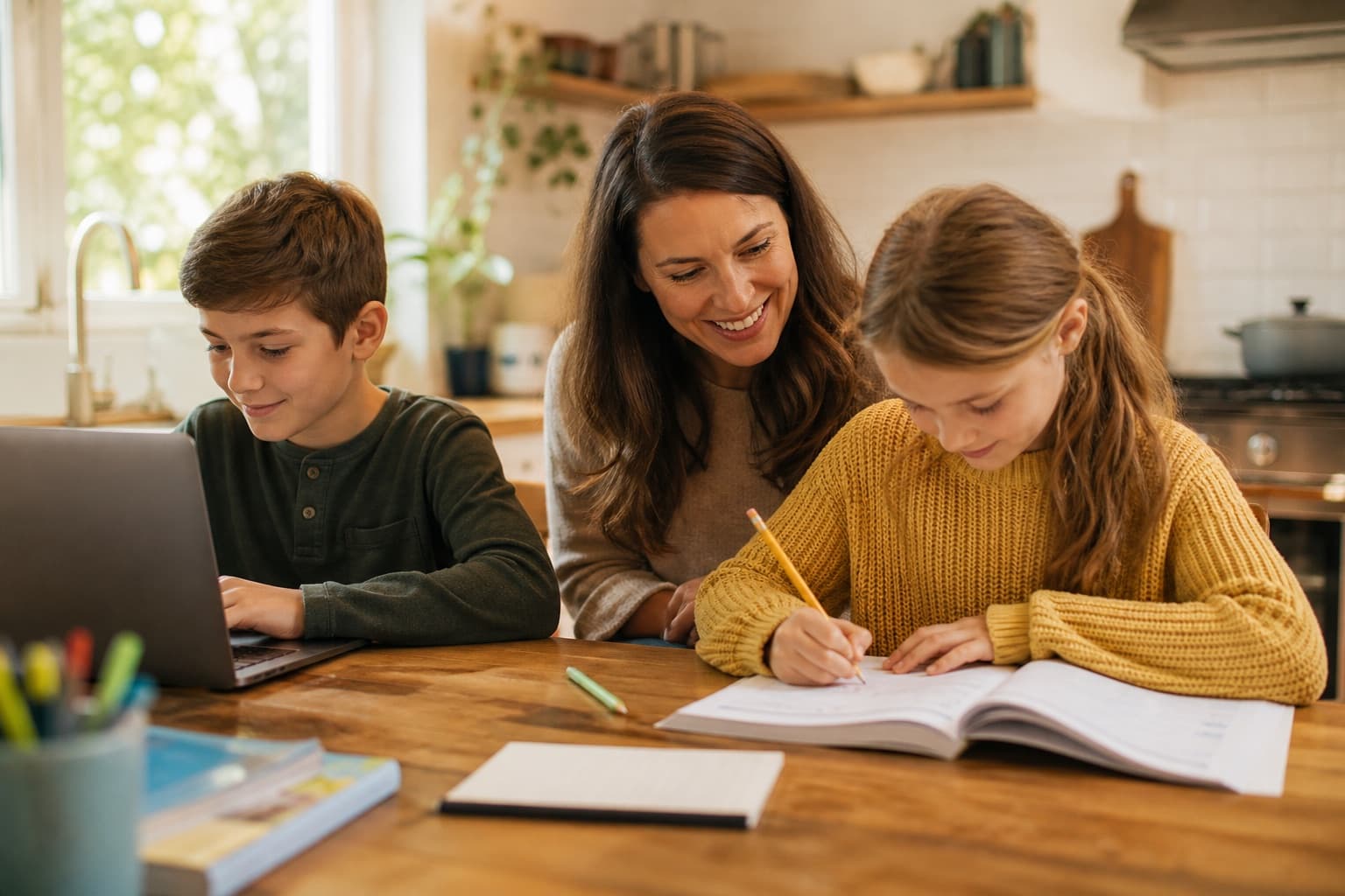 A parent supporting two children as they learn together at home