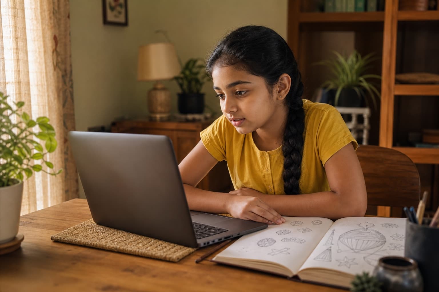 A student working at a laptop with a sketchbook open beside her