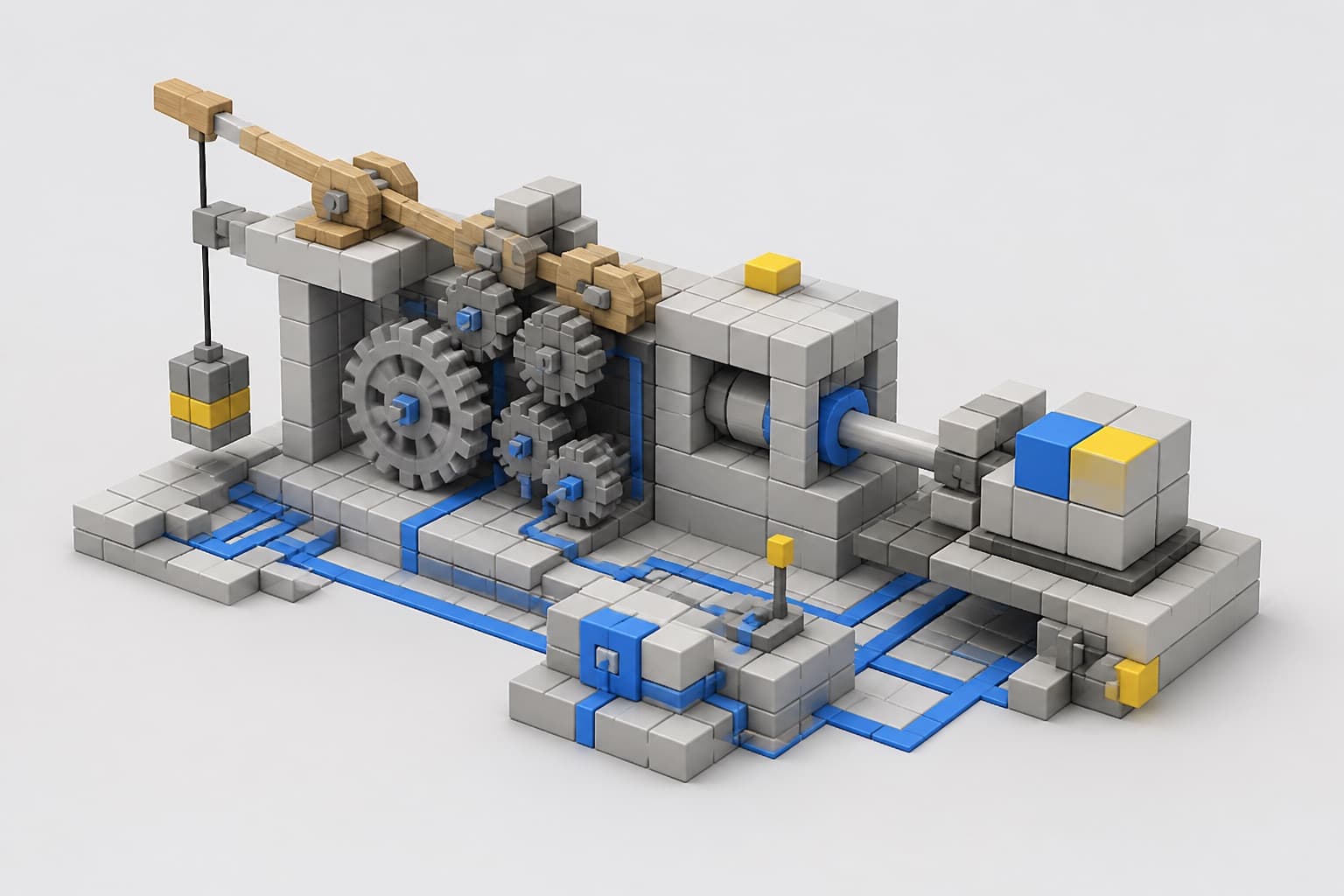 Illustration: the kind of voxel engineering contraption students design — gears, levers, and circuit lines connecting the parts.
