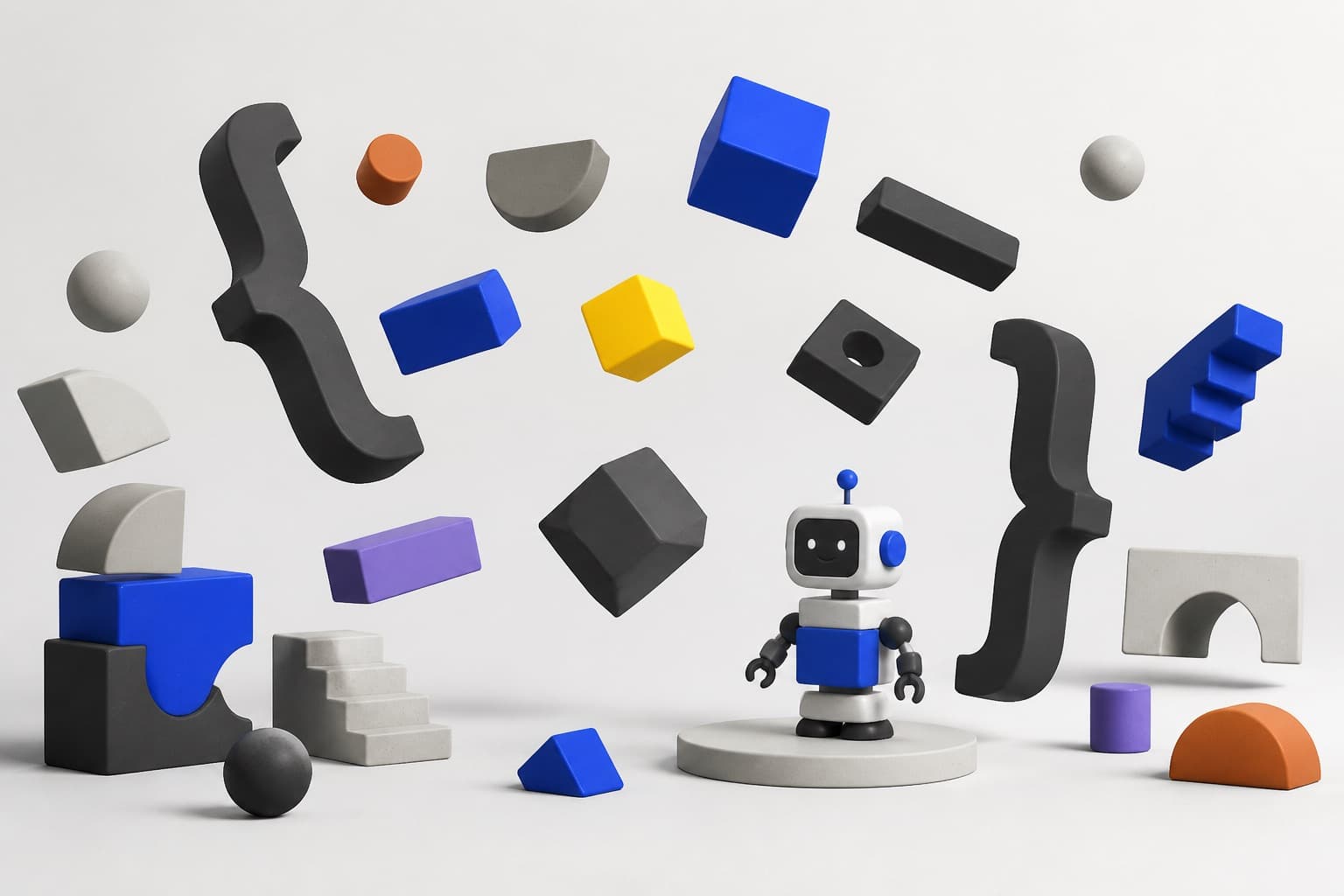Illustration: a year of coding projects represented as building blocks, code brackets, and a friendly robot.