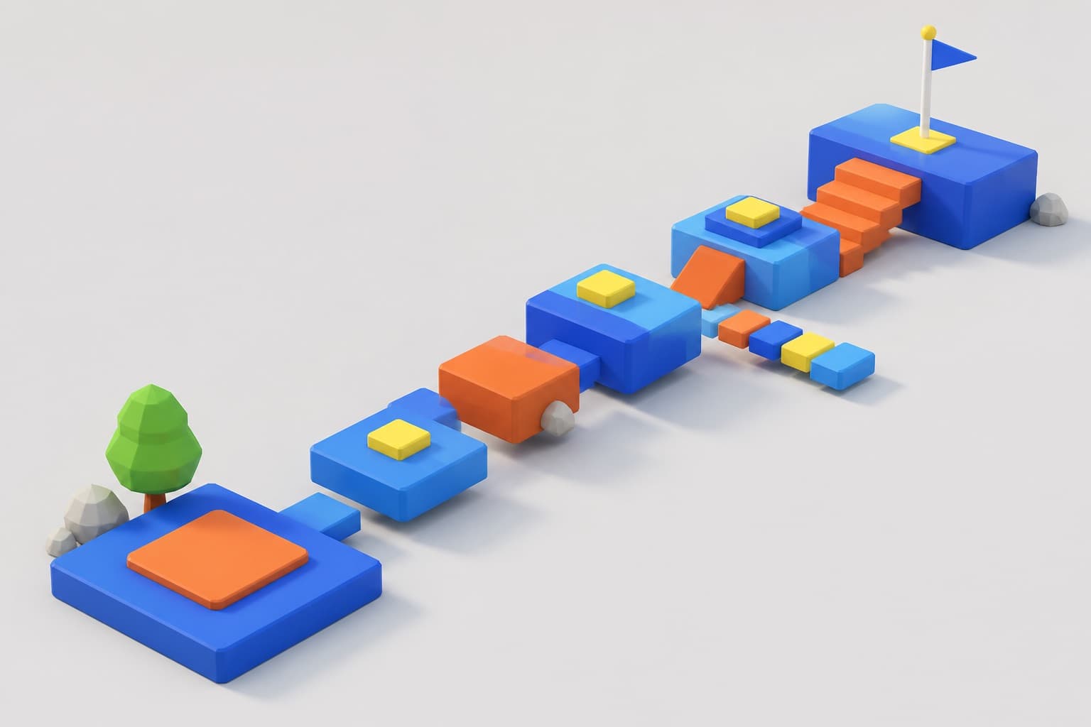 Illustration: the kind of colorful obby platformer world students build in week 1 — floating platforms, ramps, and a checkpoint flag.