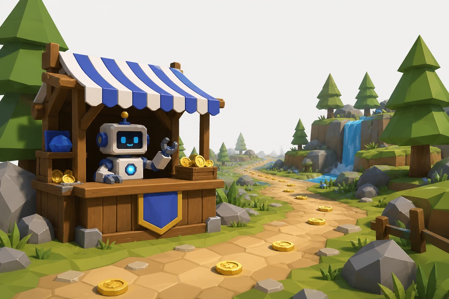 Illustration: the kind of game world students grow into later in the course — a shop stand, collectible coins along a path, and a simple robot shopkeeper.
